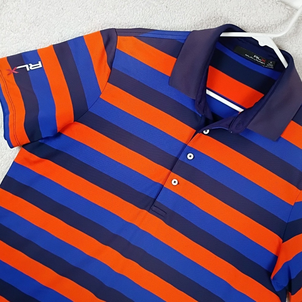 RLX Ralph Lauren Striped Polo Mens Medium Orange Blue Golf Active Short Sleeve